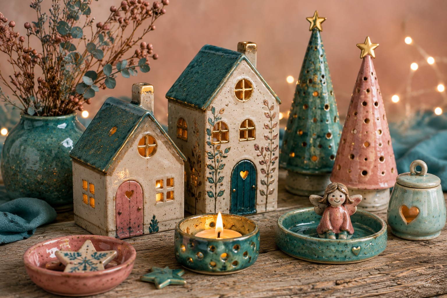 Fröhliche handgemachte Keramik für die Adventszeit