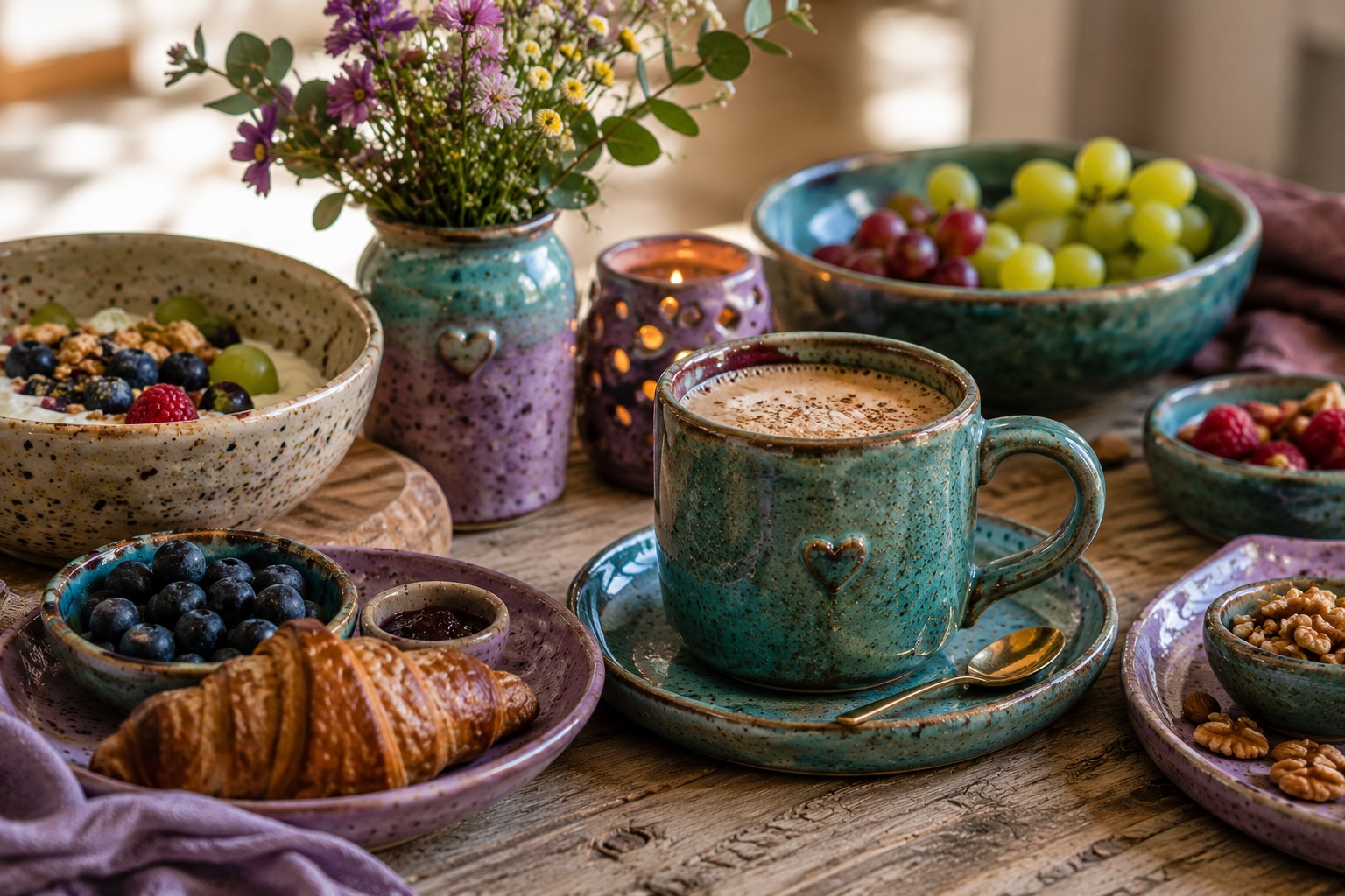 Sonntagsbrunch mit farbenfroher handgemachter Keramik